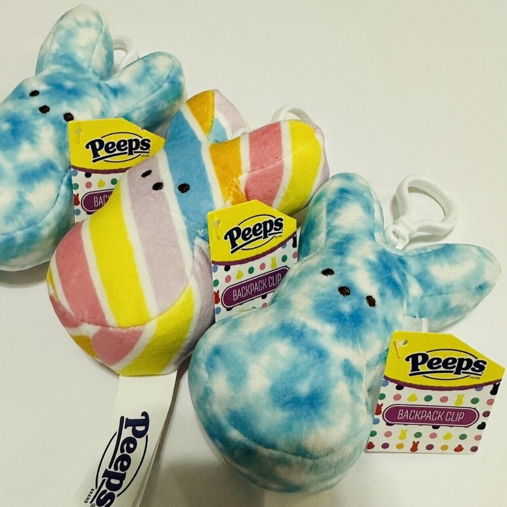 PEEPS Plush Easter Bunny 4" Backpack Bag Clip Stripes & Tiedye Keychain Lot Of 3 - Picture 3 of 5